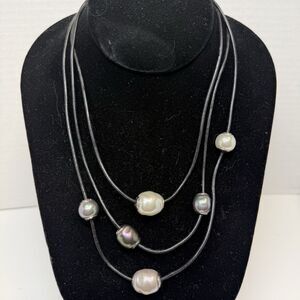 Majorica Triple Black Leather Strand Manmade Multi Size Floating Pearl Necklace